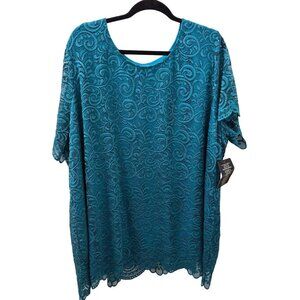 Jessica London Teal Lace Blouse Women 30/32 5X Scallop Hem Lined Party Cocktail